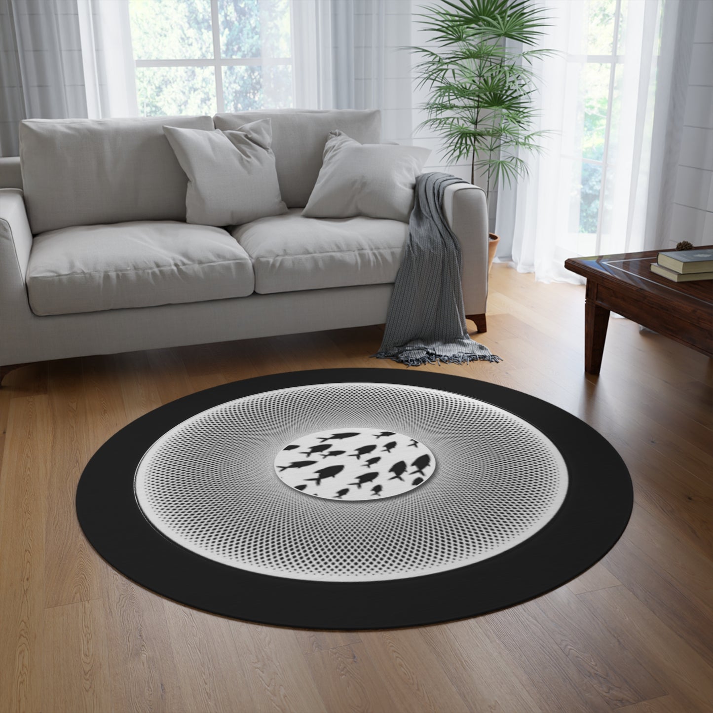 Round Room - 5 ft x 5 ft Lumpy Donut Rug - "Swimming by this Rug" - light black/white phatty donut w/black background - variant 1