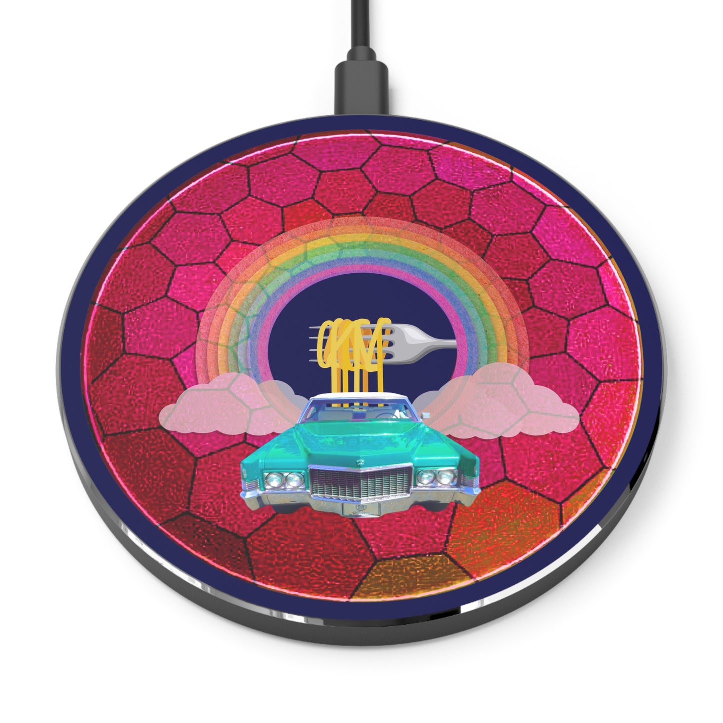 The Flow - Wireless Lumpy Donut Chargers - "Wireless Spaghetti Incident in my Caddy" - magenta hexadonut w/navy background - variant 3