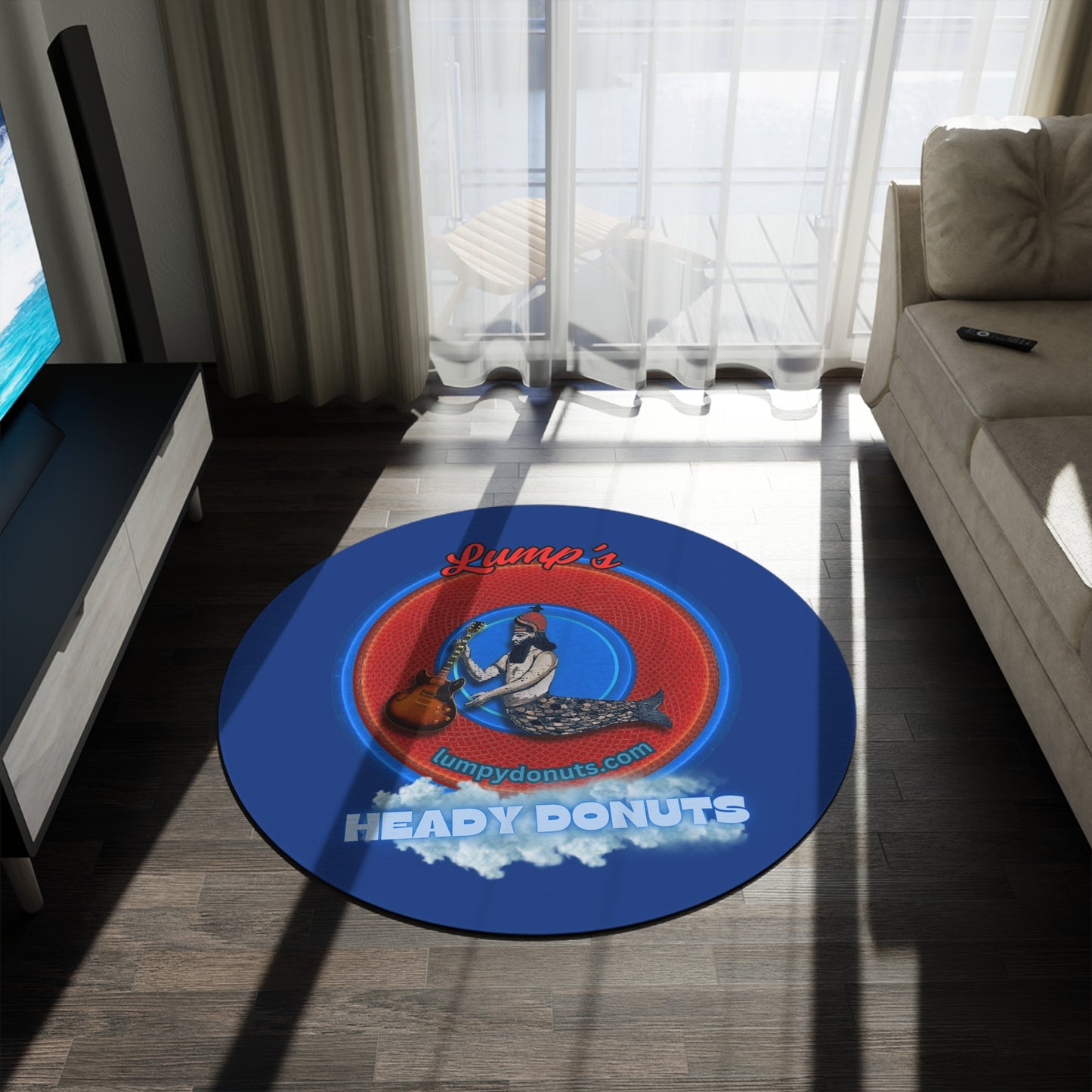Round Room - 5 ft x 5 ft Lumpy Donut Rug - "Lump's Logo Donut Rug" - rustic red donut w/dark blue background