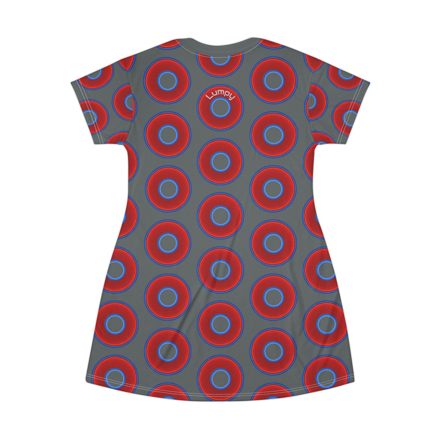 Not a Muumuu AOP Tee Shirt Dress - red vivid donuts w/dark gray background