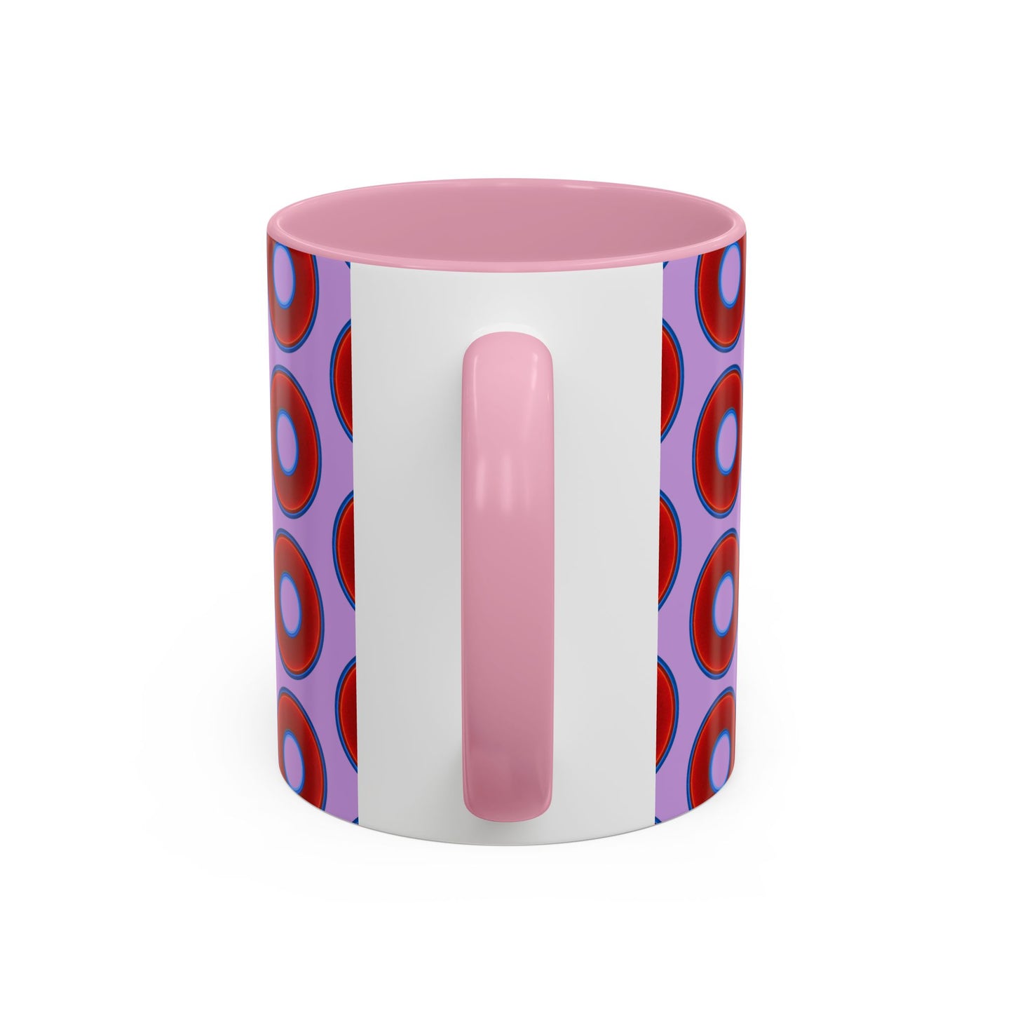 Lump's Grumpy Coffee Mug - vivid red donuts w/wisteria purple background