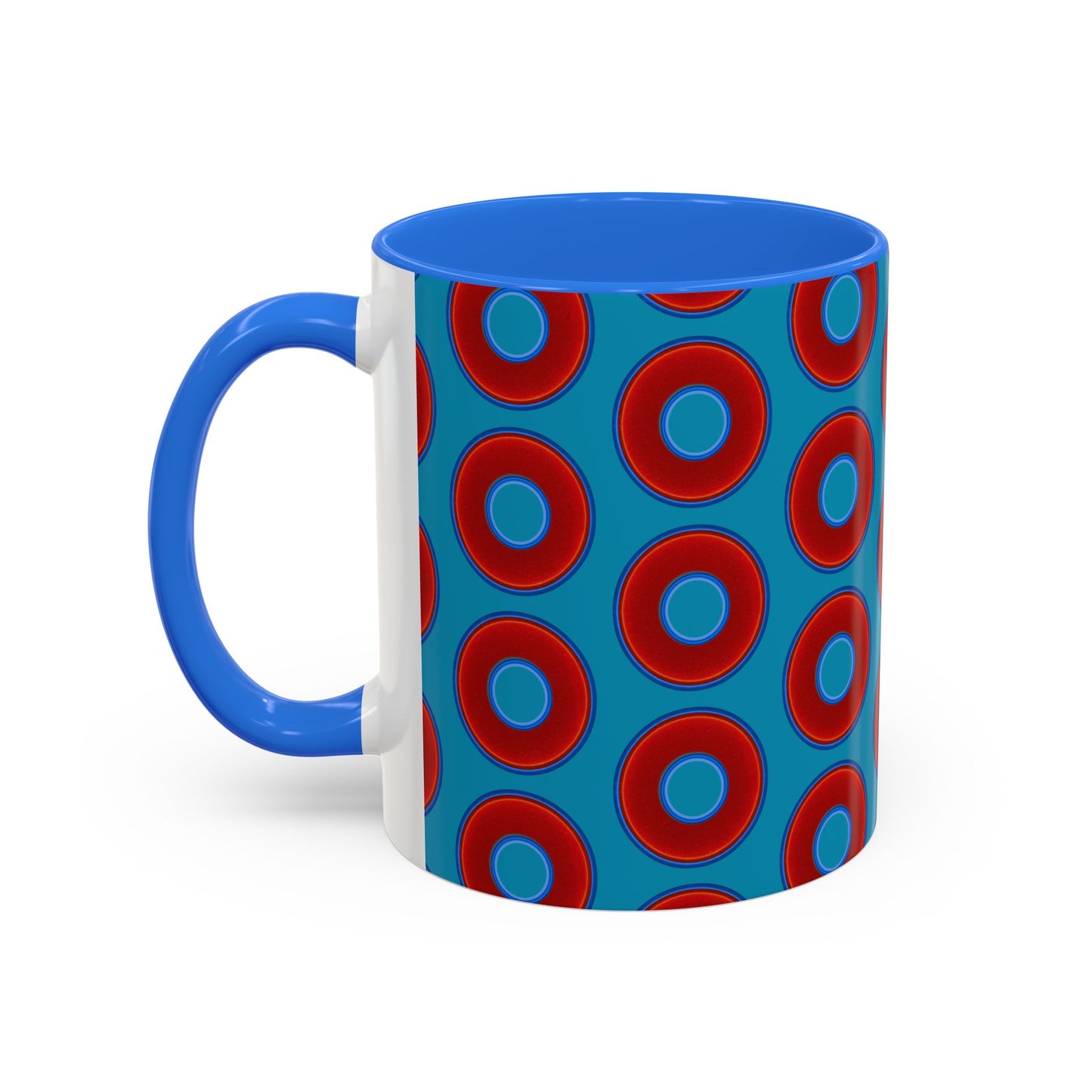 Lump's Grumpy Coffee Mug - vivid red donuts w/aquamarine blue background