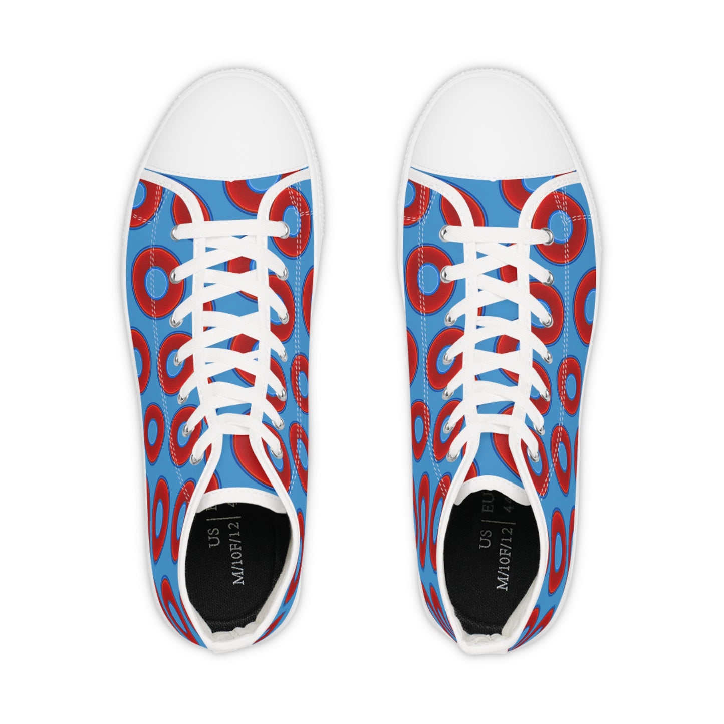 Men's High Top Chucks - large vivid red donut print w/light steel blue background