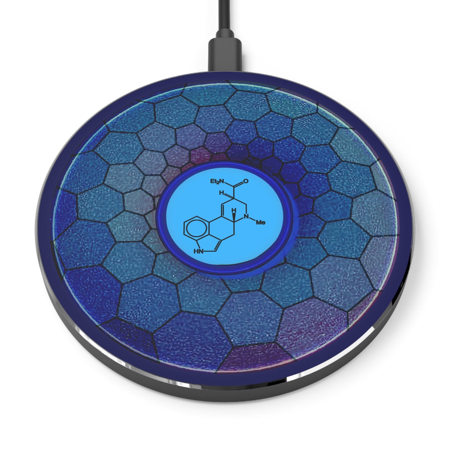 The Flow - Wireless Lumpy Donut Chargers - "Dr. Albert Hofmann" - blue hexadonut w/navy background - variant 2