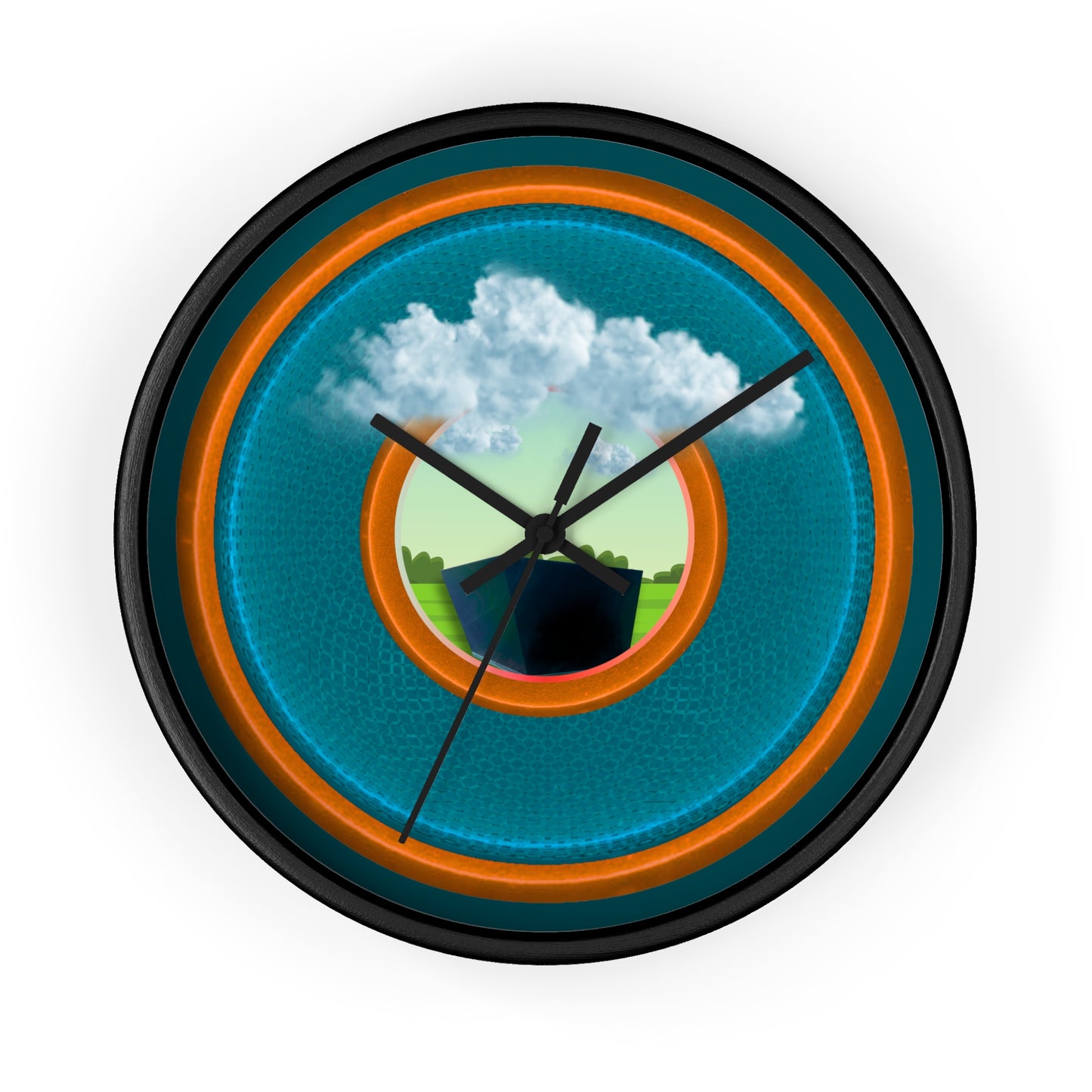 Lumpy Wall Clock - "Got Rhombus?" - variant 3 - aquamarine blue/orange rustic donut w/midnight green background