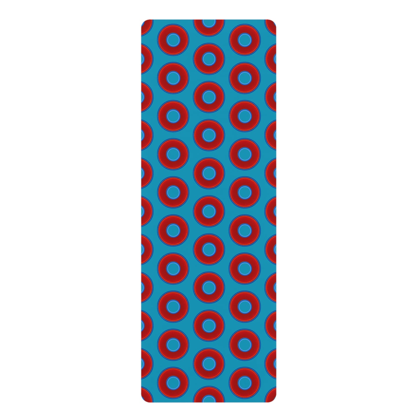 Lumpy Donut Yoga Mat :) - 24″ x 70" - vivid red donut print w/aquamarine blue background