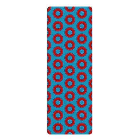 Lumpy Donut Yoga Mat :) - 24″ x 70" - vivid red donut print w/aquamarine blue background