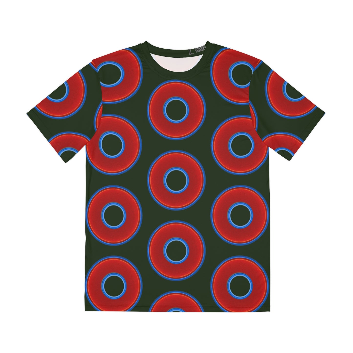 Copy of Multi-Beastie Giant Donut AOP Polyester Tee - red vivid donut print w/deep forest green background