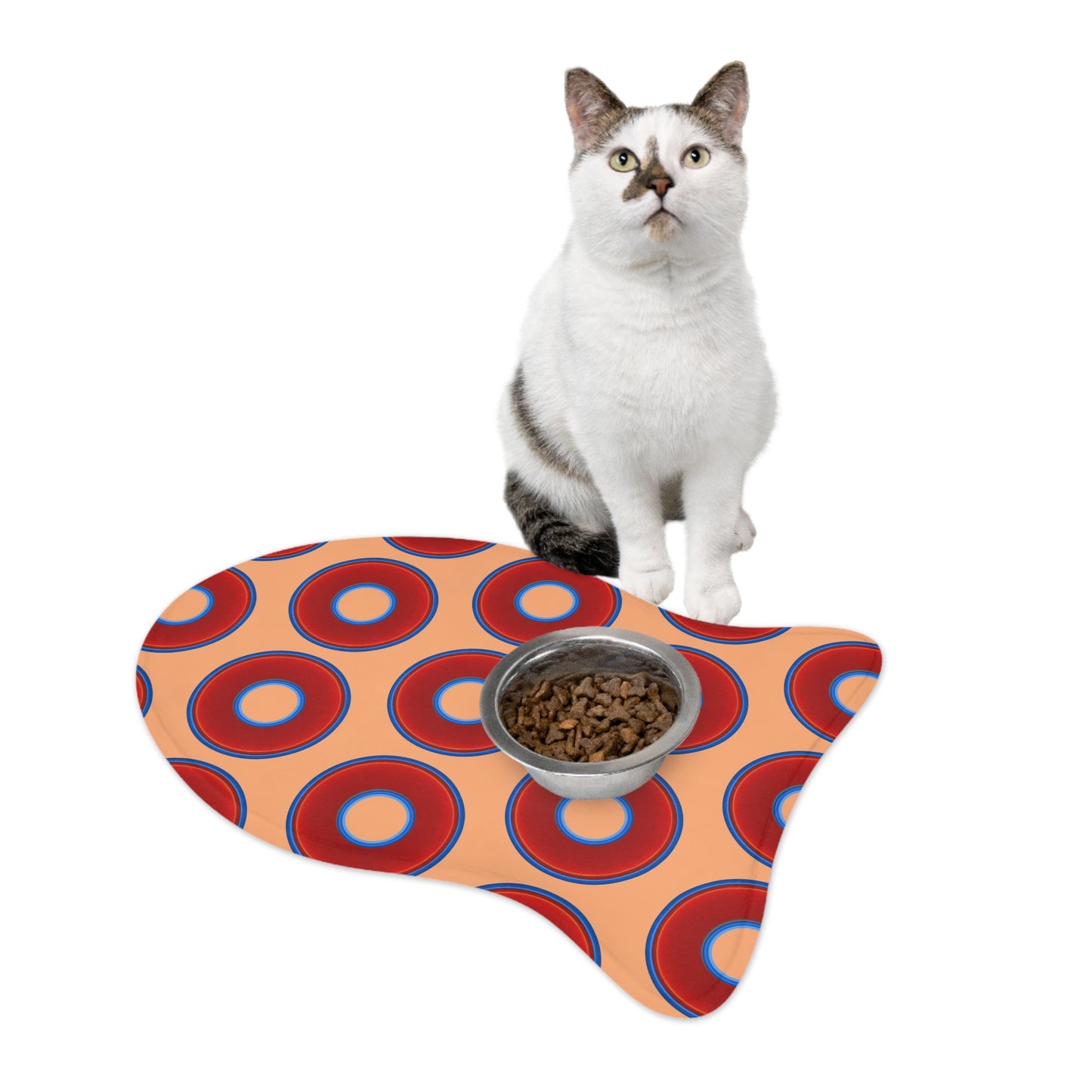 Wendy's Lumpy Pet Feed Mat - vivid red donuts w/peach background