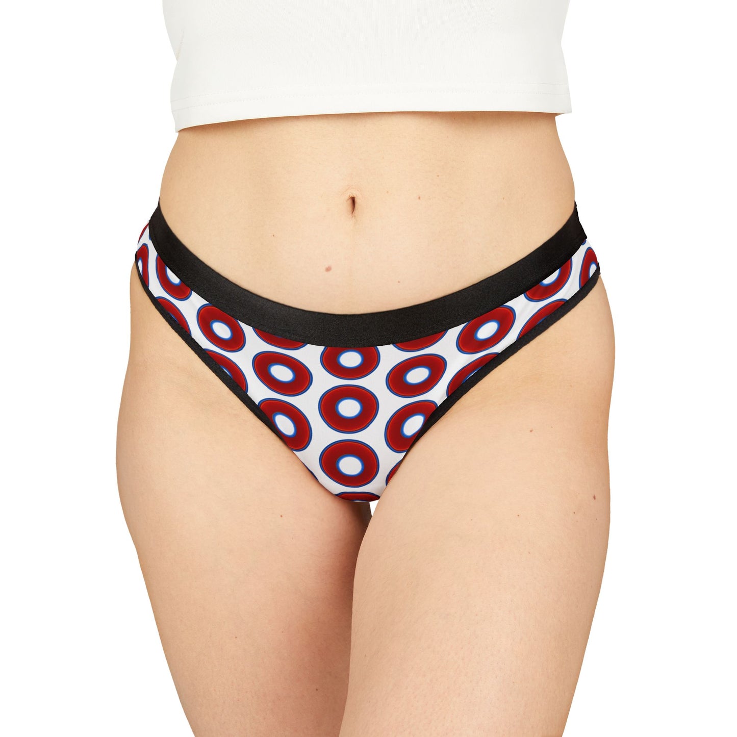 Lumpy Donut Thongs - red vivid donut print w/white background