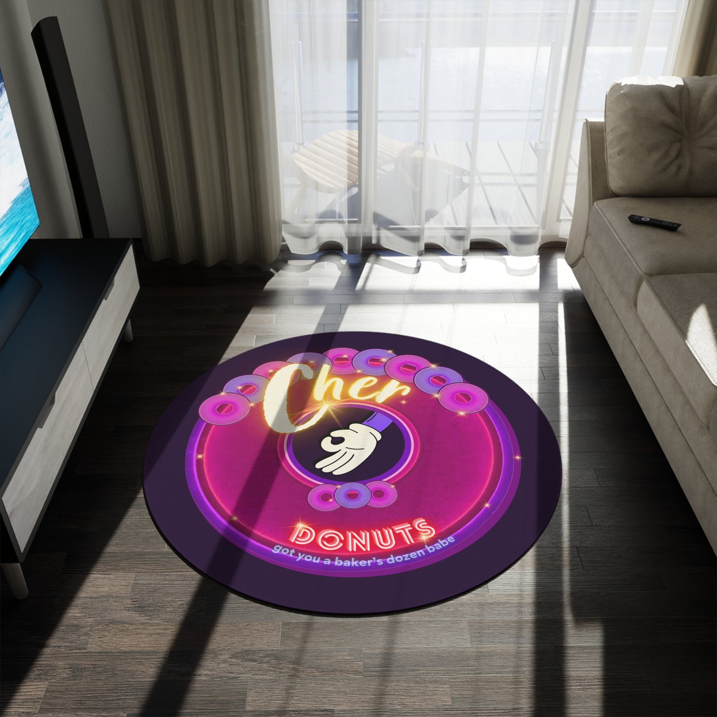 Round Room - 5 ft x 5 ft Lumpy Donut Rug - "Cher-ing is Caring Donut Rug" - vivid magenta donut w/midnight purple background - variant 2 - [*charitable donut]