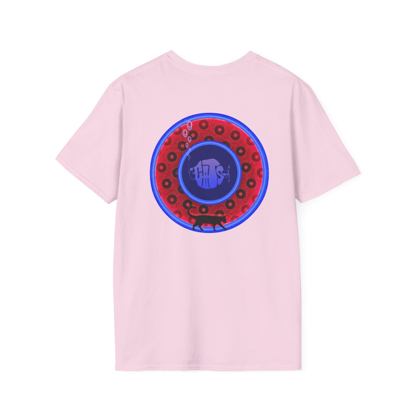 Classic Donut Tee - Unisex Soft-Style - "The Cat's Meow Donut' - red/blue paradox widemouthed donut