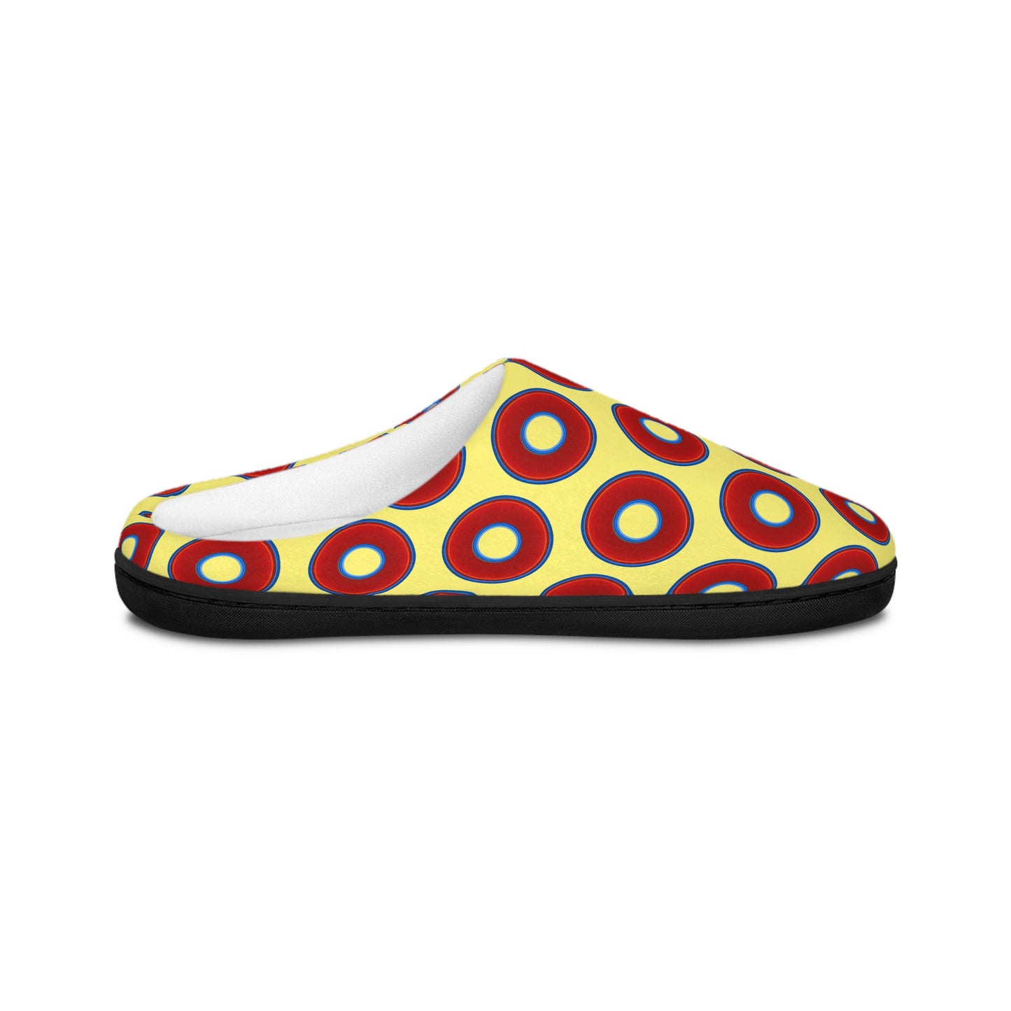 Women's Lumpy Slippers - red vivid donut print w/yellow background