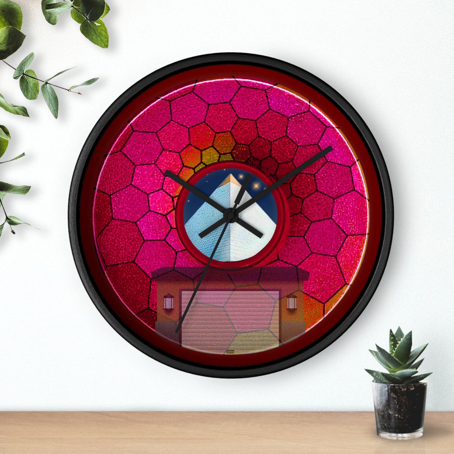 Lumpy Wall Clock - "Limestone Donut Clocks so Large" - variant 6 - magenta hexadonut w/dark crimson background