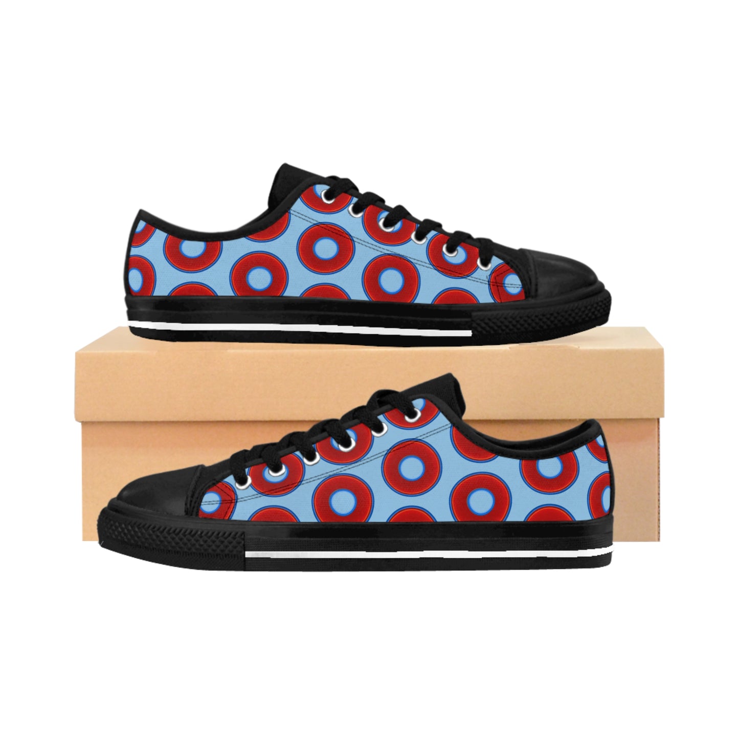 Women's Cushiony Convectors - Low Top - large red vivid donut print w/sky blue background