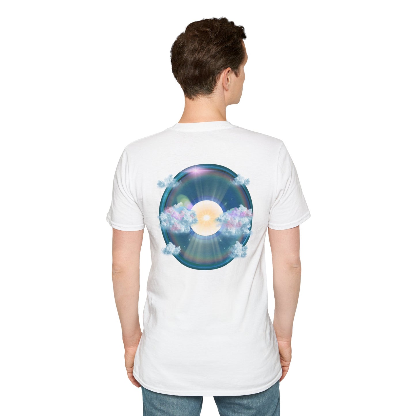 Classic Donut Tee - Unisex Soft-Style - "The Divided Donut" - variant 2 - blue donut  w/hole & sun [*50% to The Divided Sky Foundation]