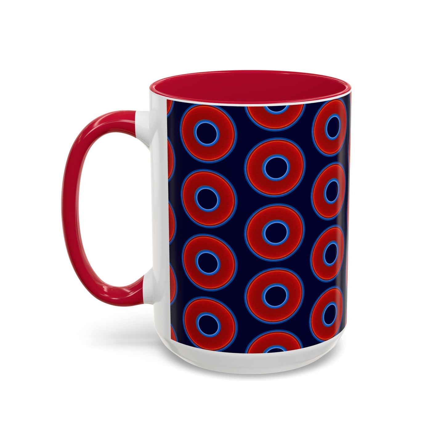 Lump's Grumpy Coffee Mug - vivid red donuts w/midnight blue background