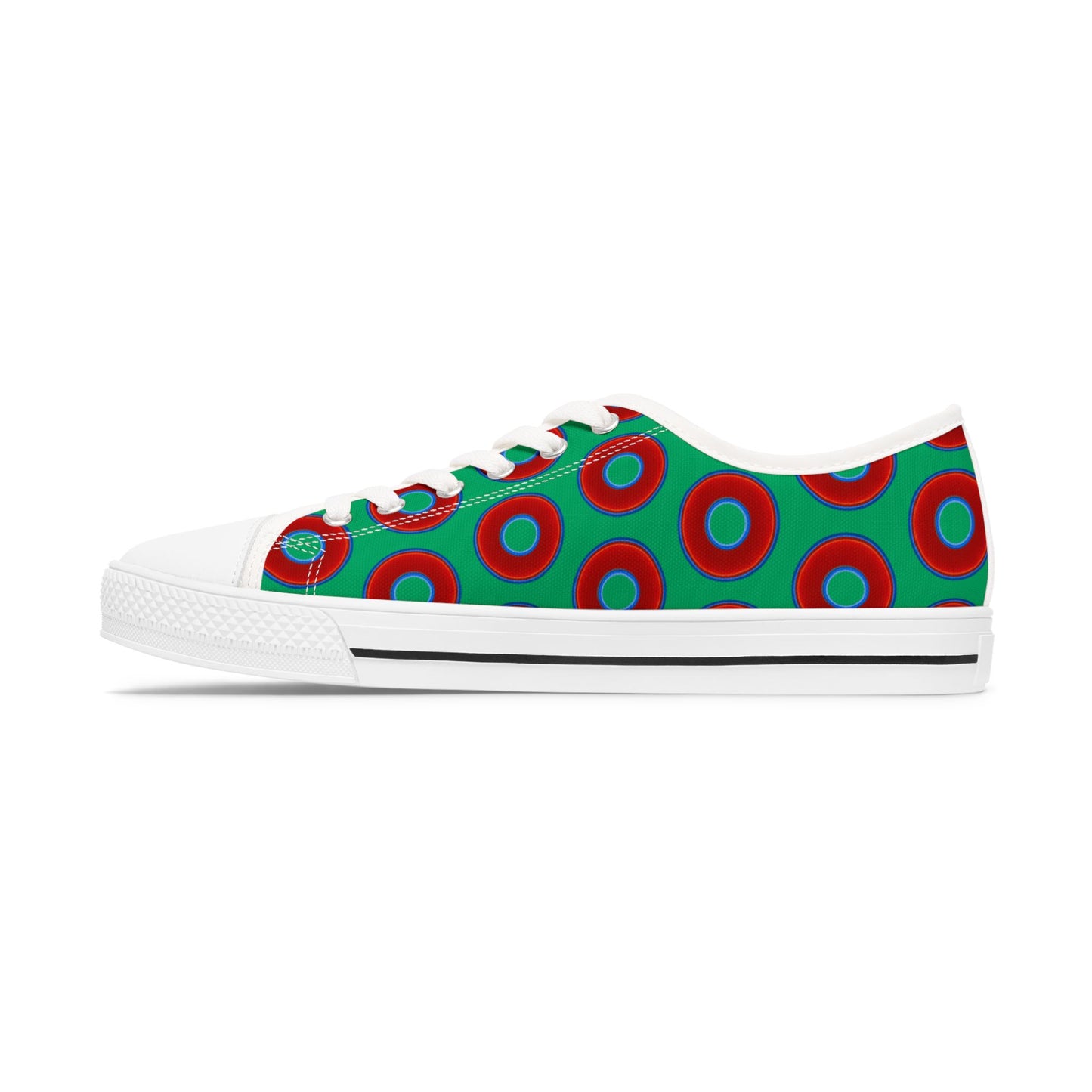 Women's - Low Top Chuck Taylors - large vivid red donut print w/jade green background
