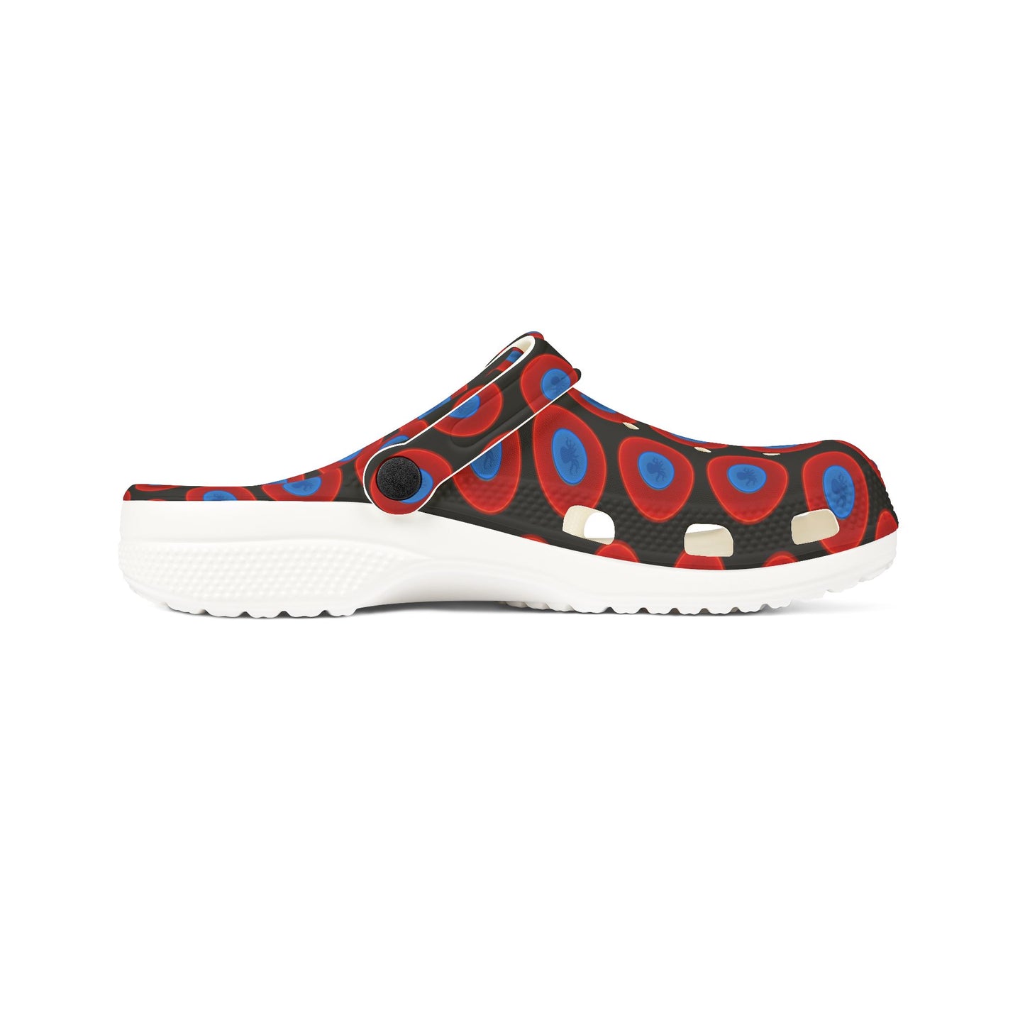 Spatchcocks - donut slip-on shoes - "Roger Moore's Octopussy Donut" - red vivid donuts w/black background [unisex]