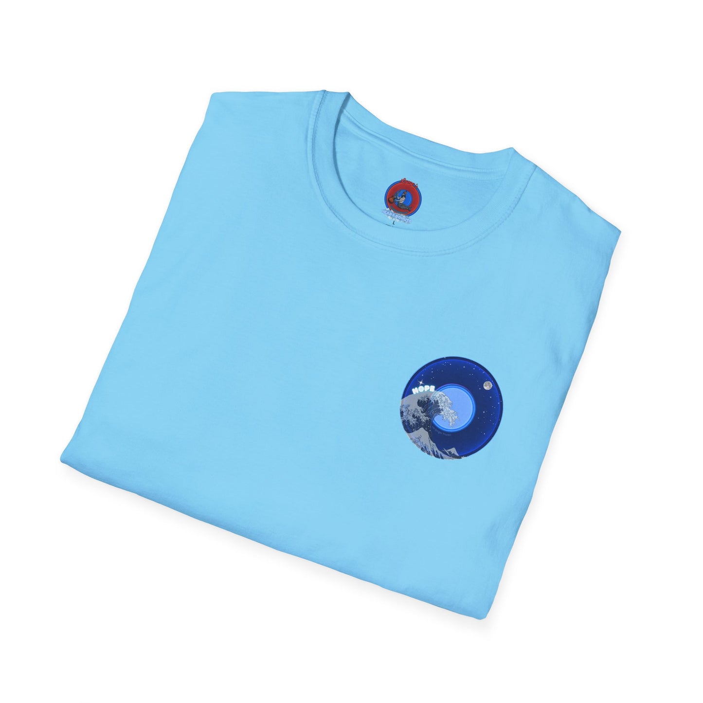 Classic Donut Tee - Unisex Soft-Style - "The Hopeful Waving Donut" - variant 2 - vivid blue donut