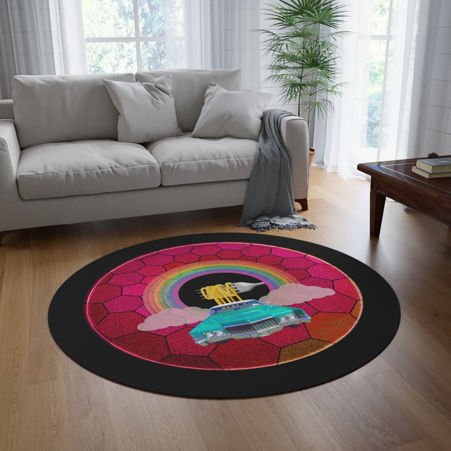 Round Room - 5 ft x 5 ft Lumpy Donut Rug - "Cadillac Rainbow Donut Rug" - magenta hexadonut w/black background - variant 3