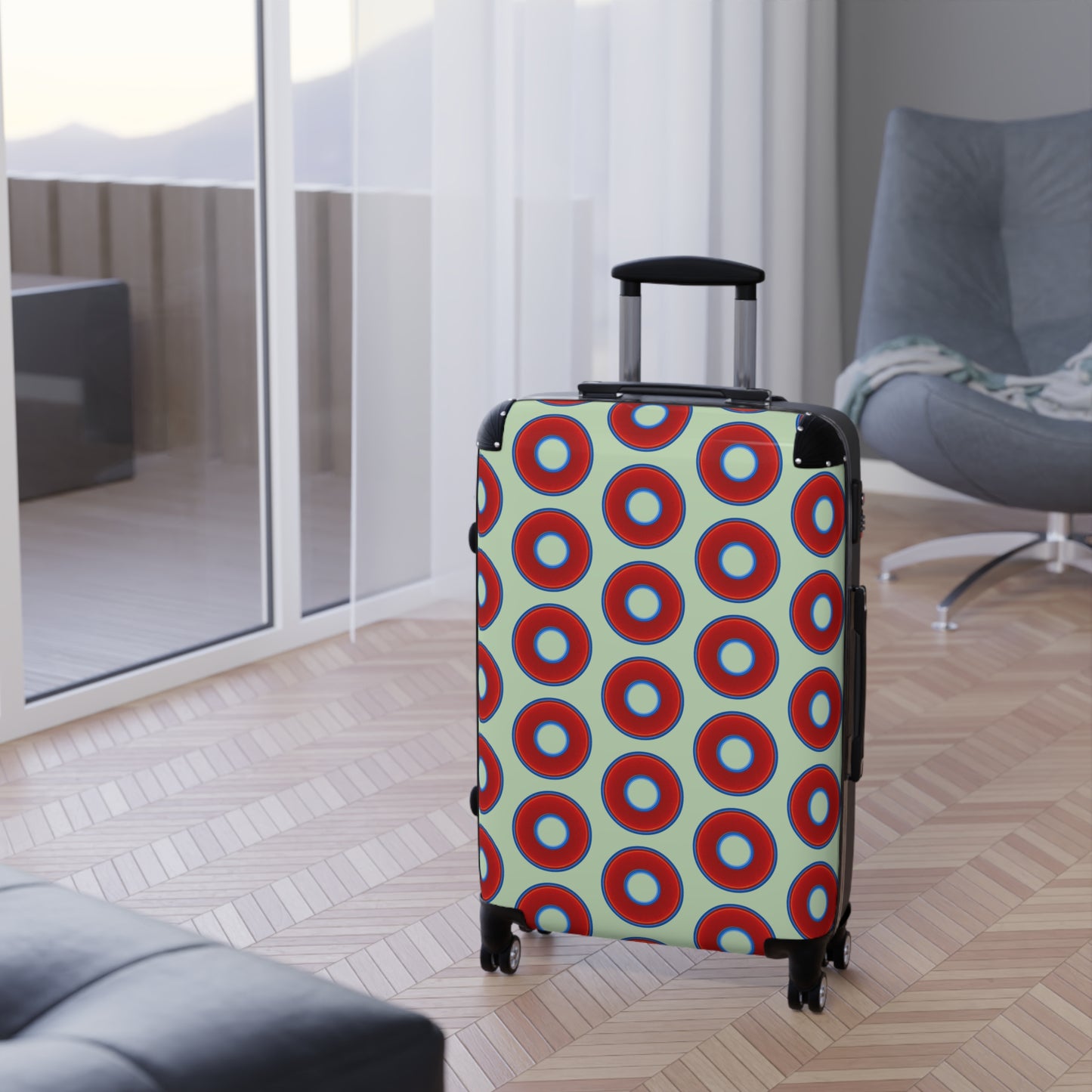 The Very Lumpy Donut Suitcase series - your choice of S, M or L - vivid red donut print w/seafoam background