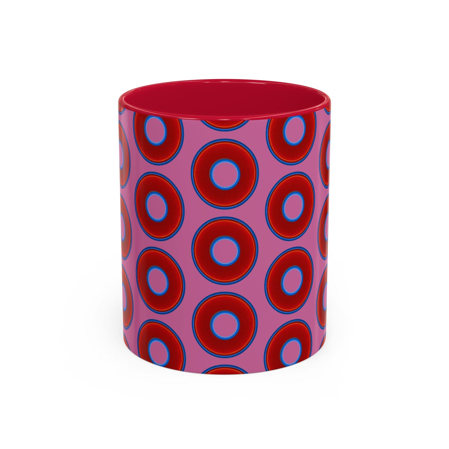 Lump's Grumpy Coffee Mug - vivid red donuts w/pink background