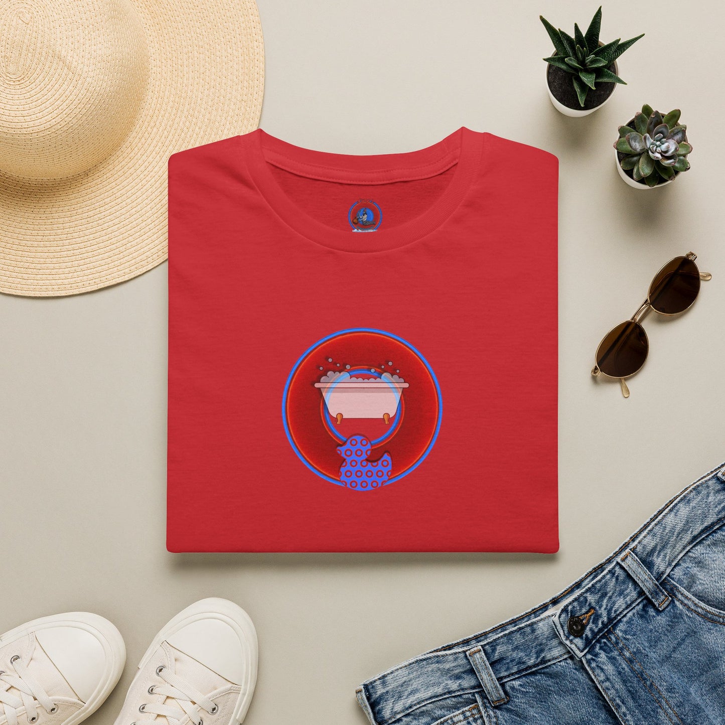 Classic Donut Tee - Unisex Soft-Style - "Rubber Ducky Bath Time Donut" - vivid red/blue donut - w/bathtub - variant 2
