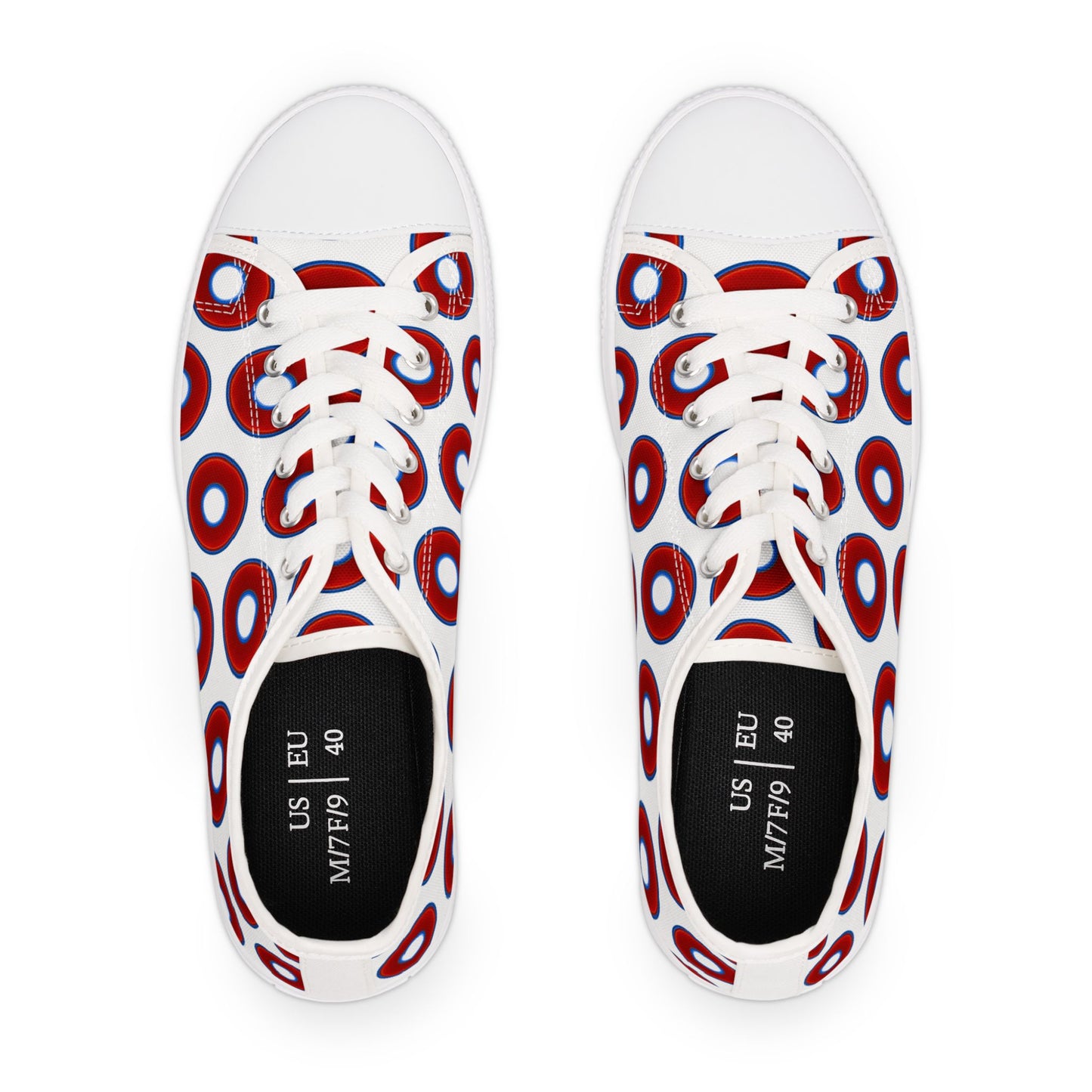 Women's - Low Top Chuck Taylors - large vivid red donut print w/white background