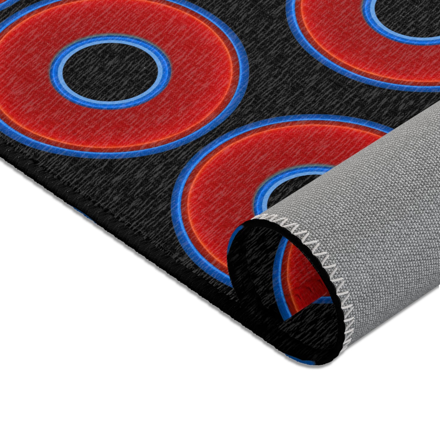 Lumpy Donut Print Rug - choice of 3 sizes - vivid red donut print w/black background