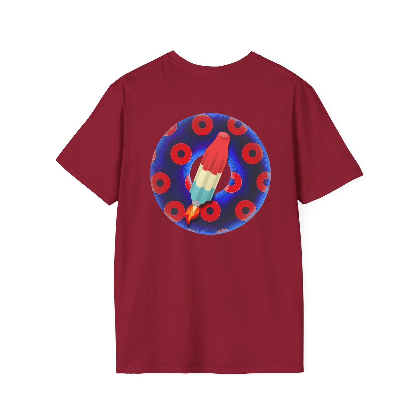 Classic Donut Tee - Unisex Soft-Style - "Blow this Popsicle Stand" - blue/red paradox bomb pop donut - variant 1