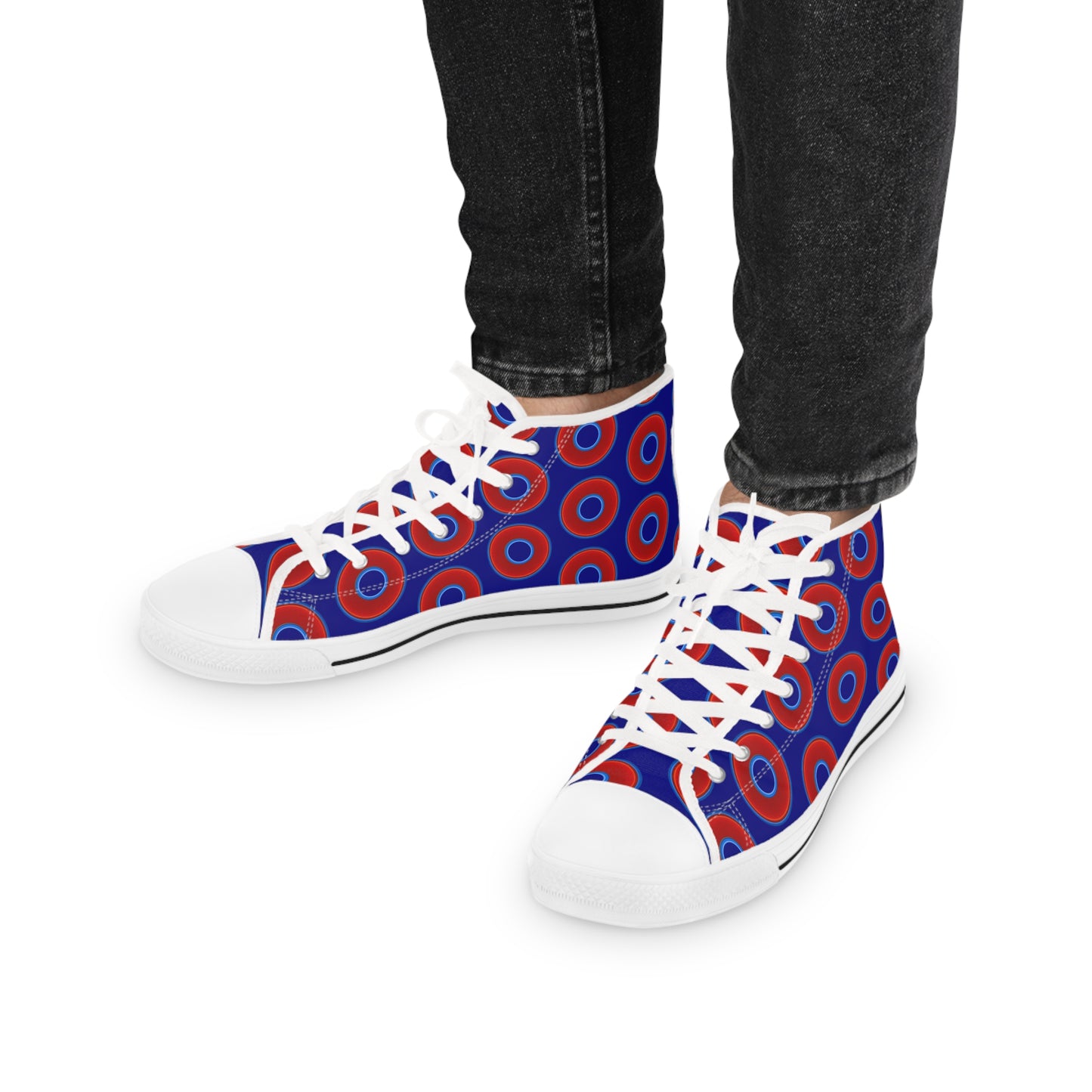 Men's High Top Chucks - large vivid red donut print w/vivid navy blue background
