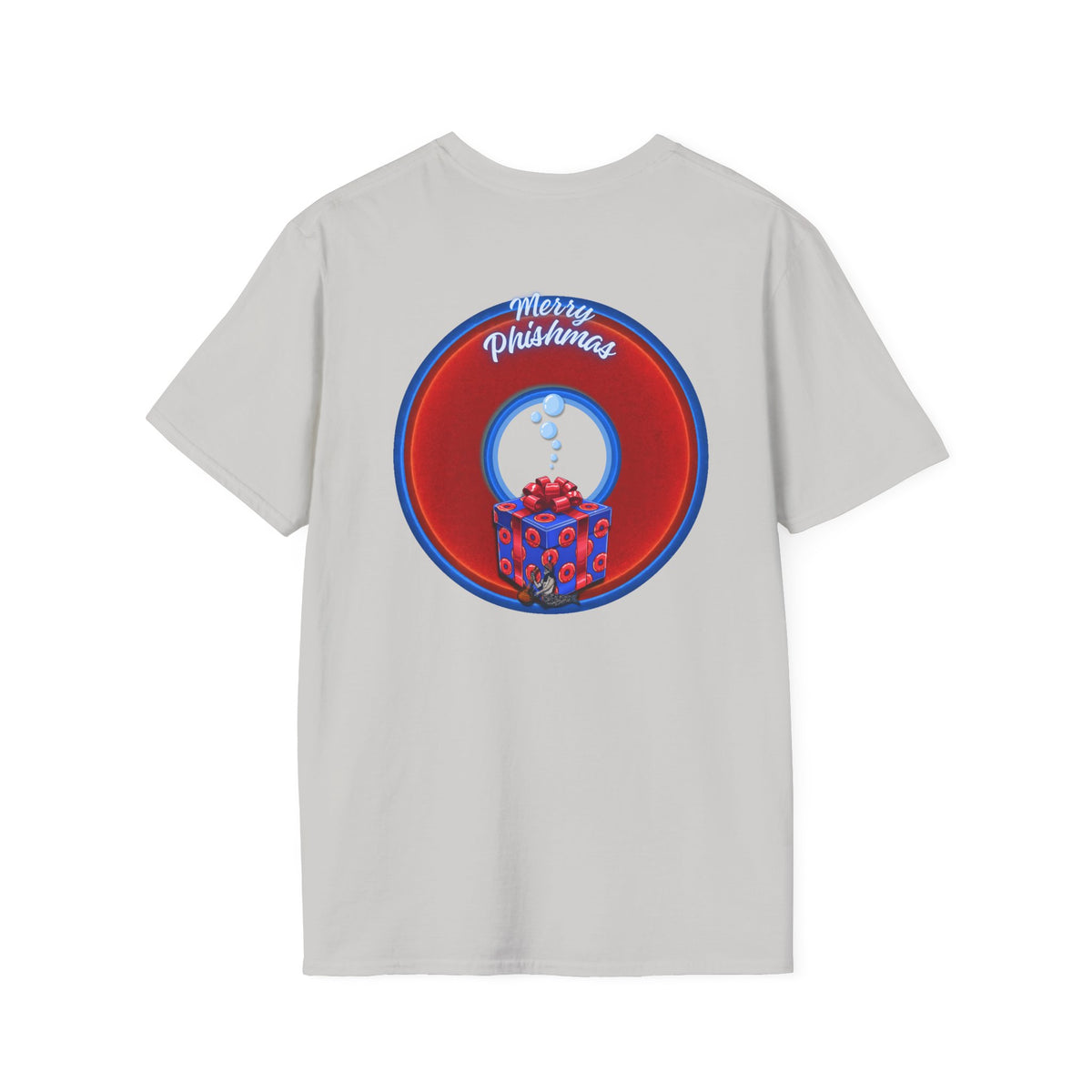 Classic Donut Tee - Unisex Soft-Style - "Phishmas Caroler's Tee " - vivid red/blue donut - variant 2