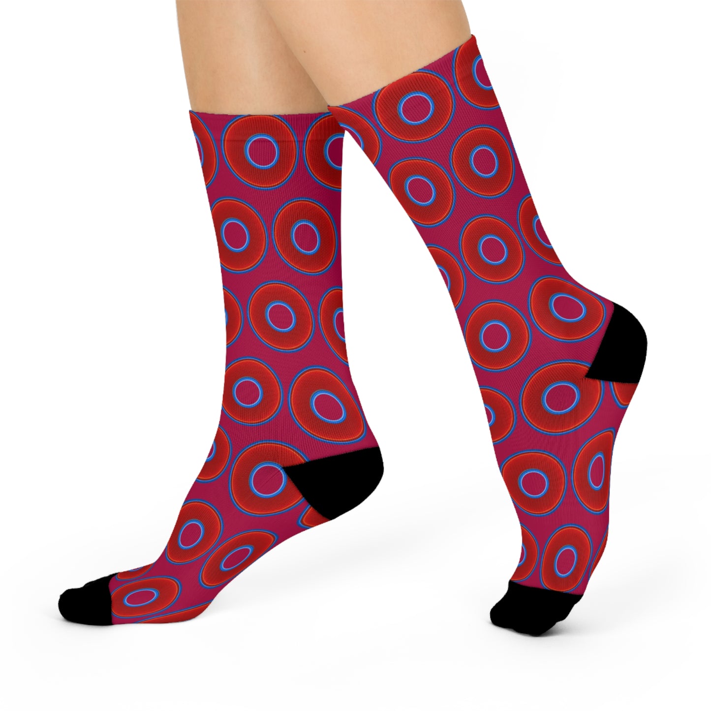 Lumpy Sox - cushioned crew - vivid red donut print w/dark magenta background