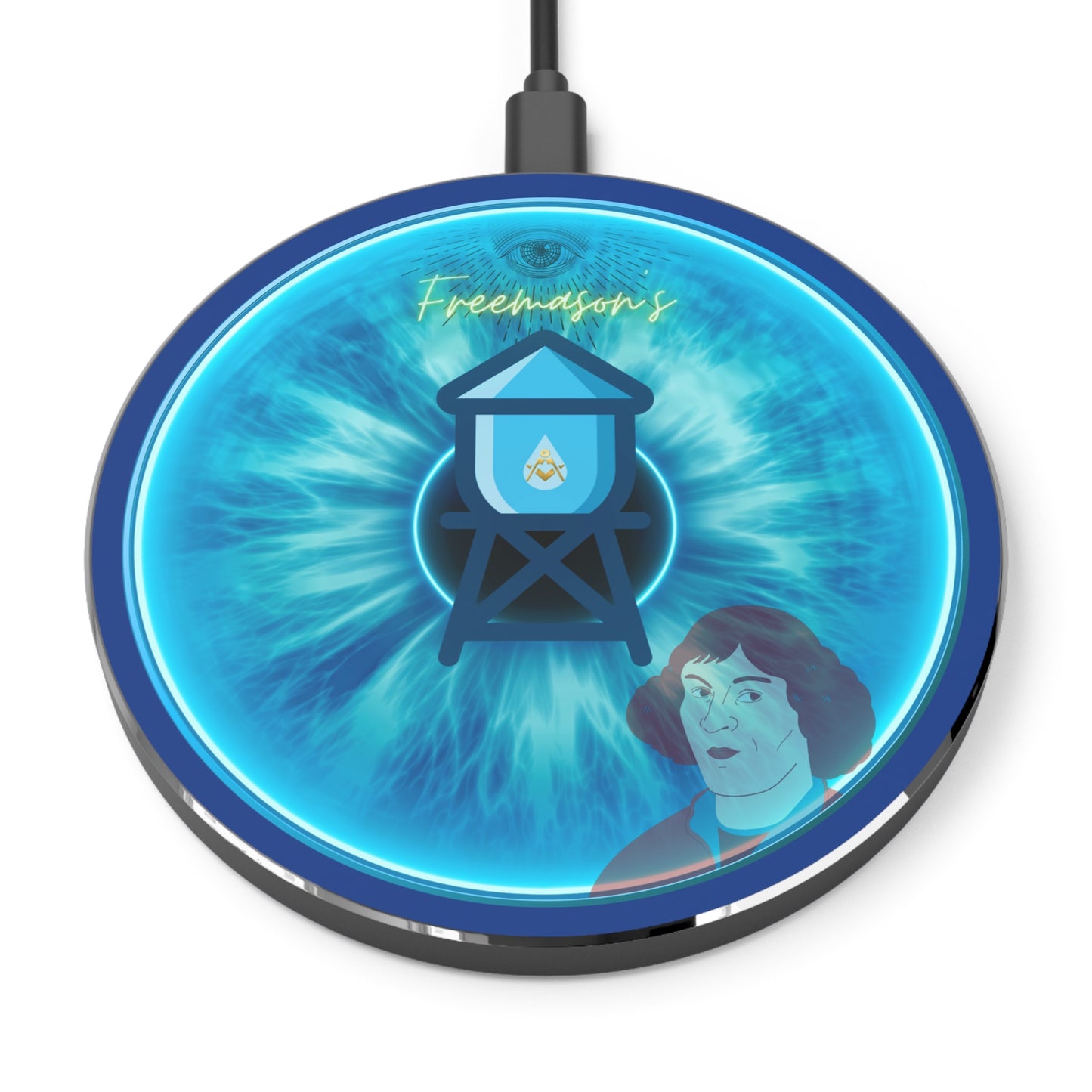 The Flow - Wireless Lumpy Donut Chargers - "The Peering Wireless Donut of Opacity " - vivid light blue idonut w/dark blue background - variant 3