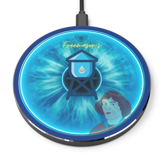 The Flow - Wireless Lumpy Donut Chargers - "The Peering Wireless Donut of Opacity " - vivid light blue idonut w/dark blue background - variant 3