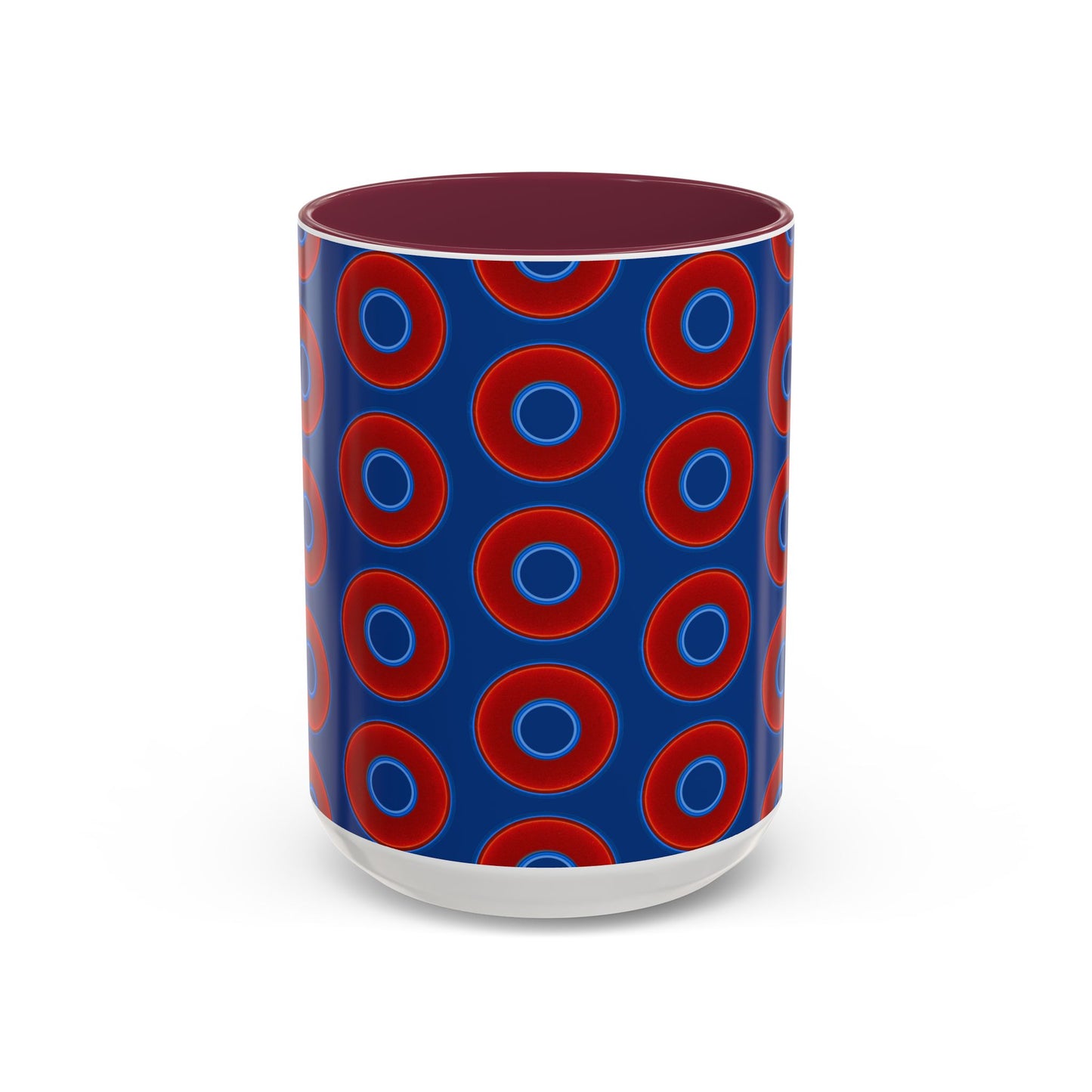 Lump's Grumpy Coffee Mug - vivid red donuts w/dark blue background