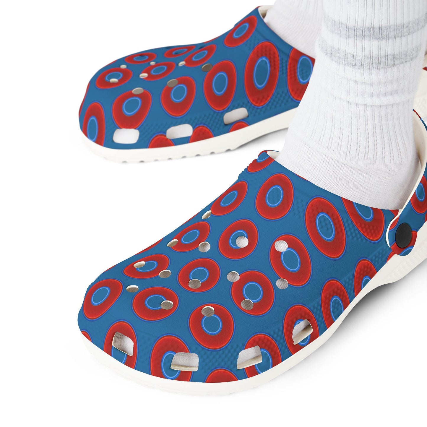 Spatchcocks - donut slip-on shoes - vivid red donuts w/wavy navy blue background [unisex]