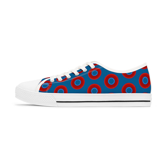 Women's - Low Top Chuck Taylors - large vivid red donut print w/wavy navy background