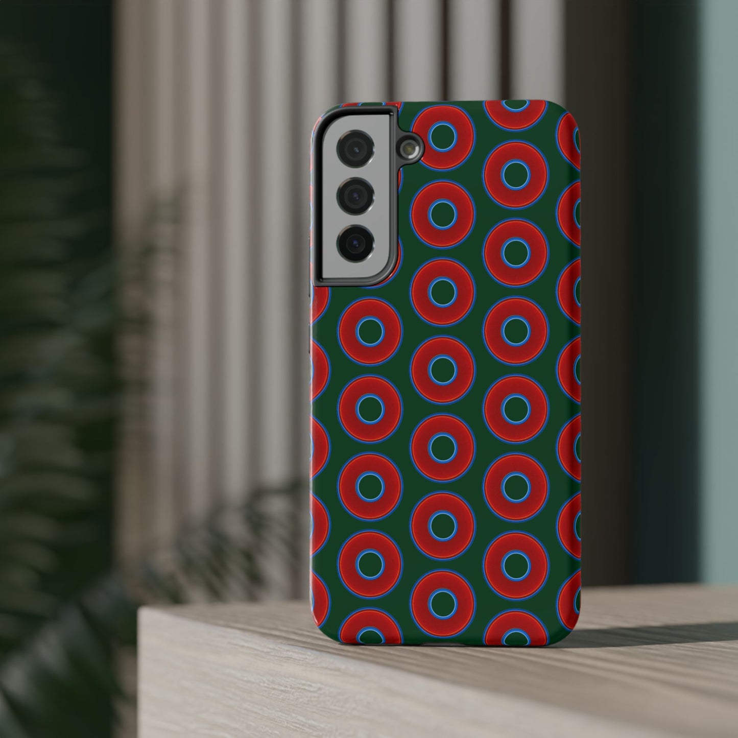 Impact-Resistant Lumpy Donut Case - red vivid donut print w/dark pond green background