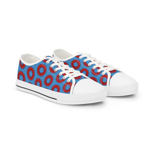 Men's - Low Top Chuck Taylors - large vivid red donut print w/light steel blue background
