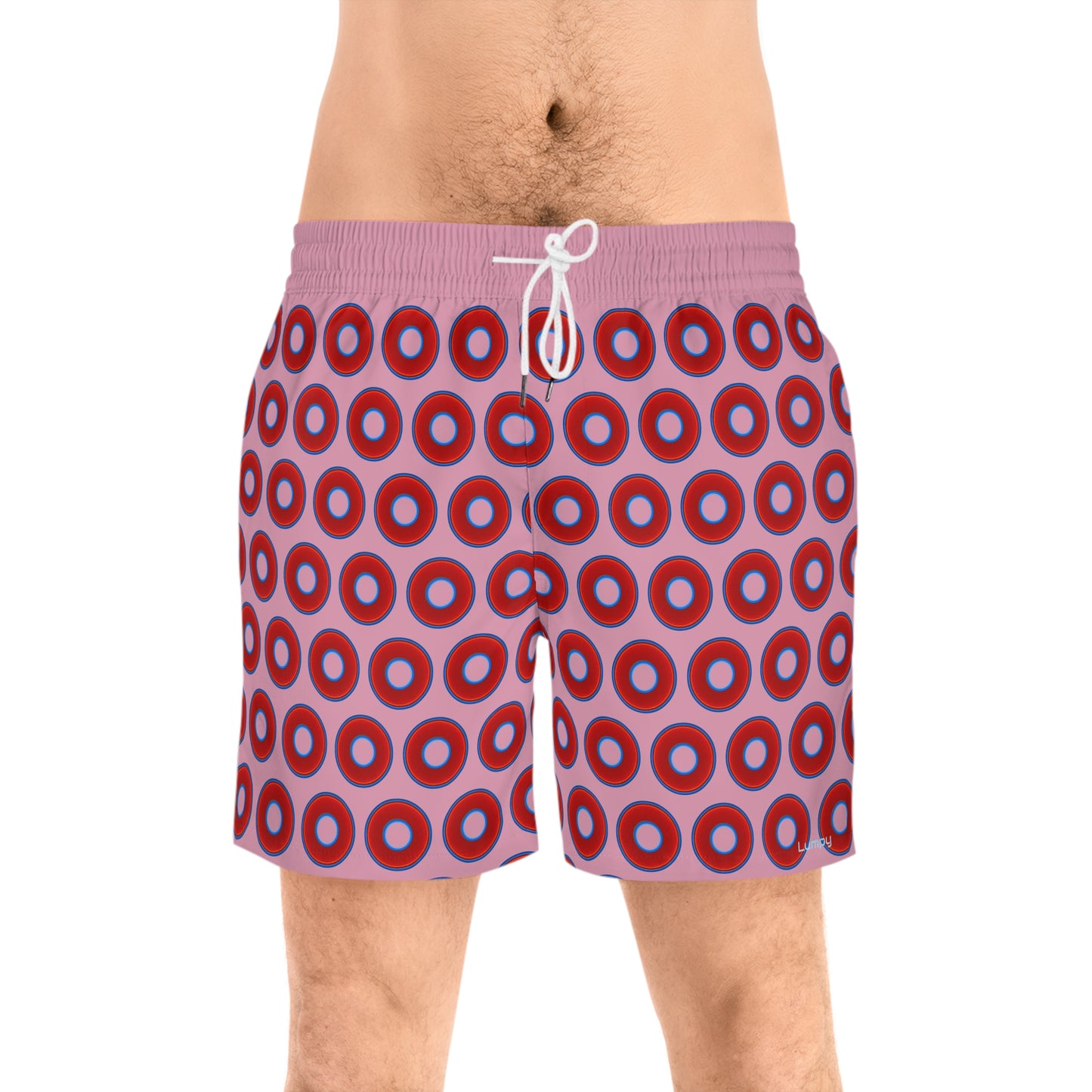 Men's Lumpy Swim Trunks - vivid red donut print w/pale magenta background