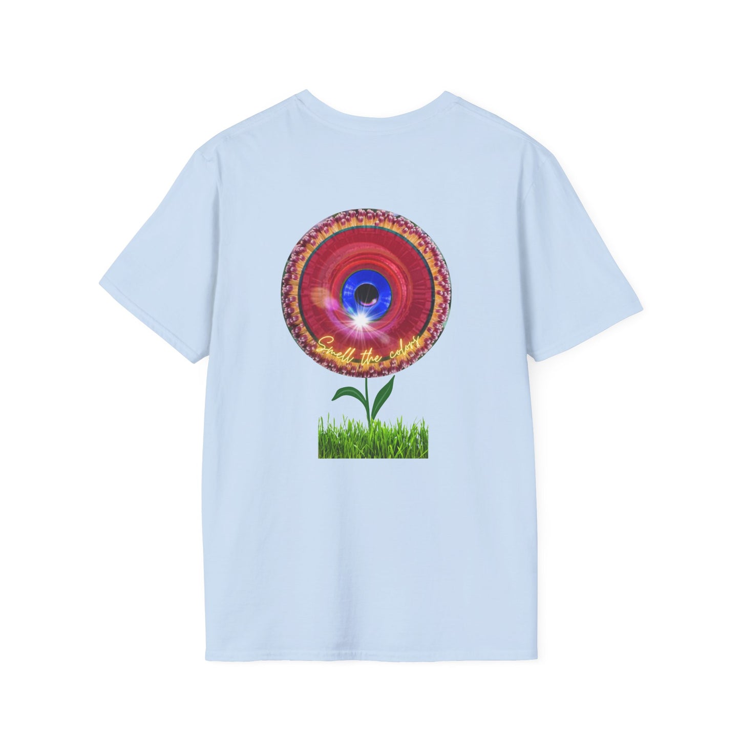 Classic Donut Tee - Unisex Soft-Style - "Smell the Donuts Outside on my Lawn"  " variant 2 - blue donut on red donut/flower