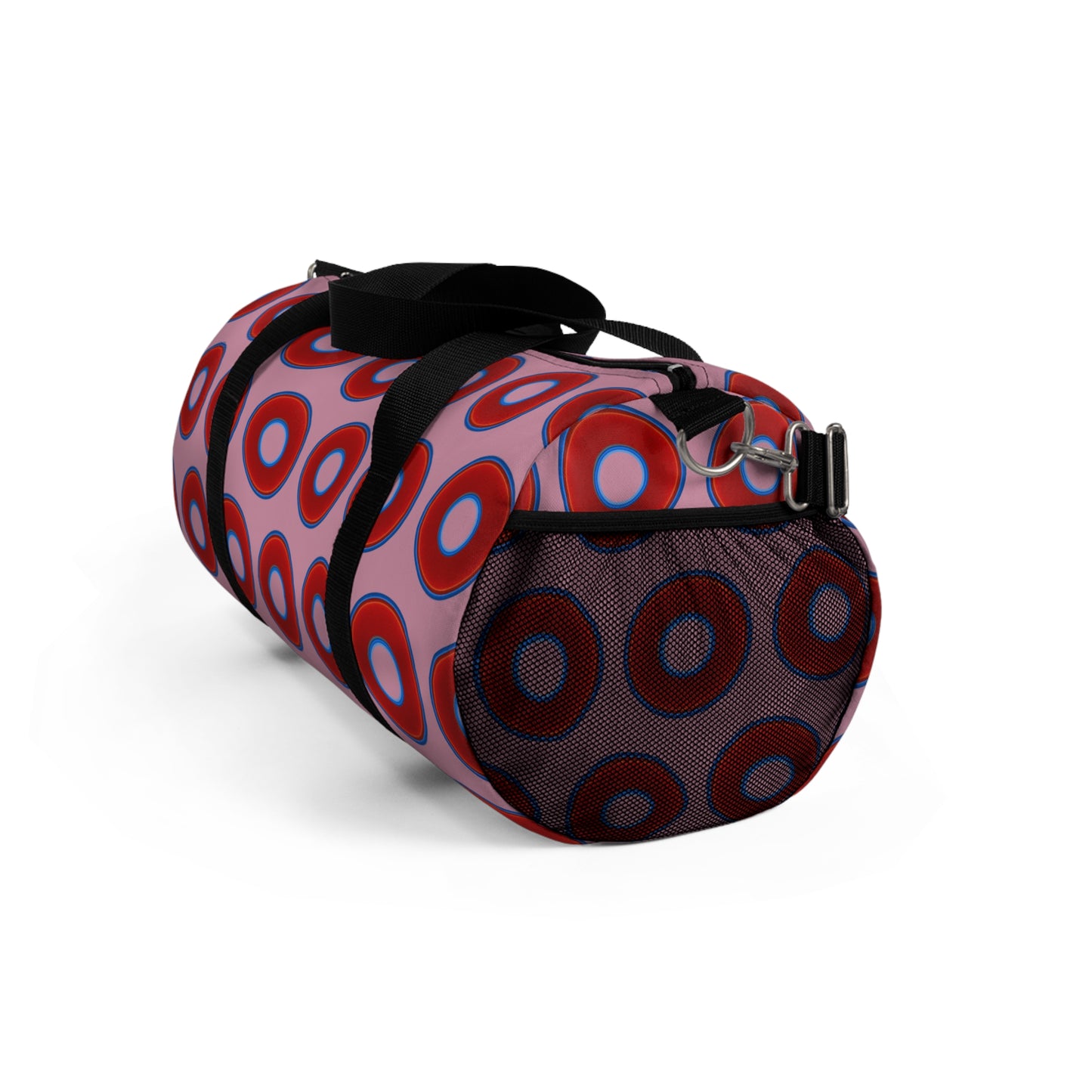 Lumpy Duffel - vivid red donuts w/pale magenta background