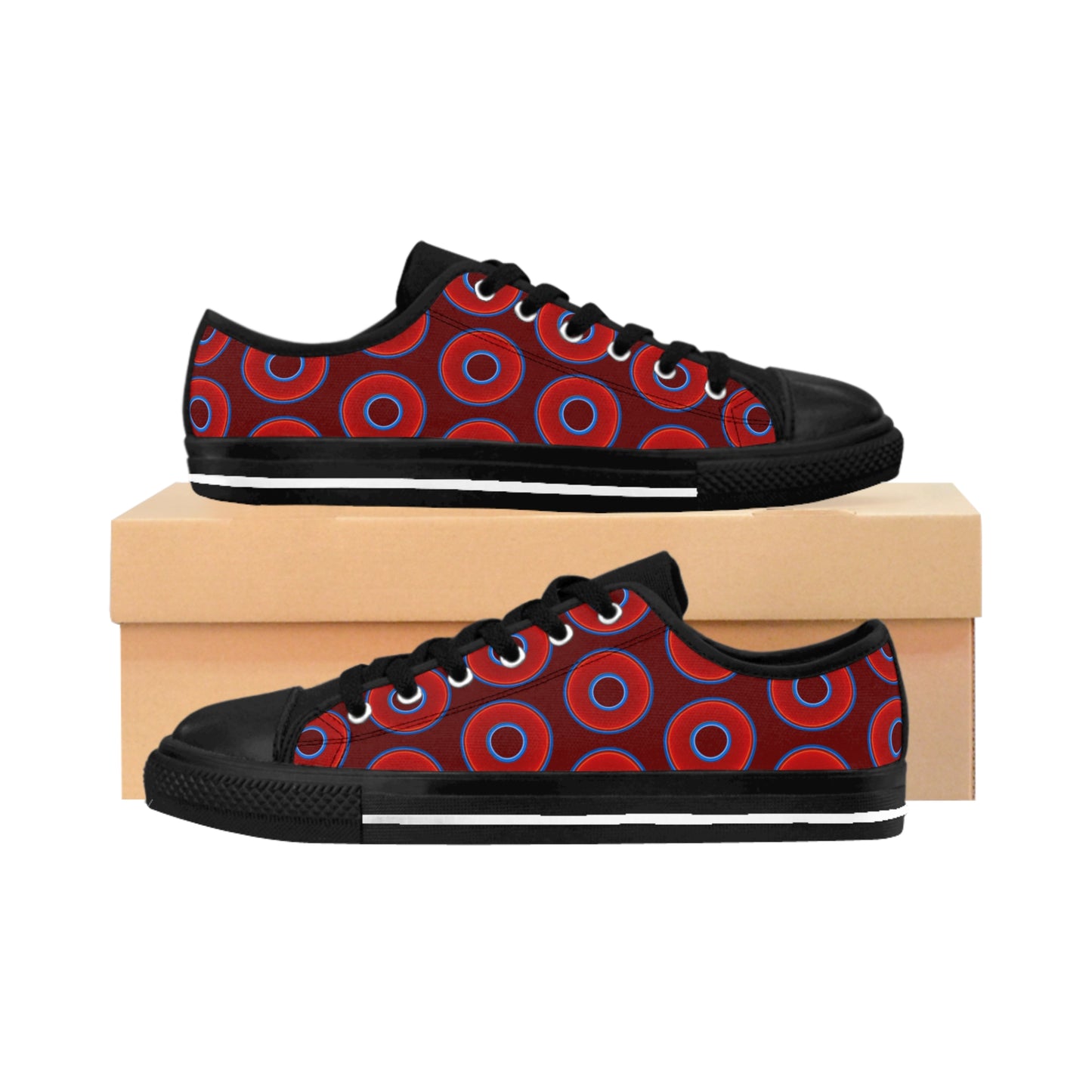 Women's Cushiony Convectors - Low Top - large red vivid donut print w/dark red background