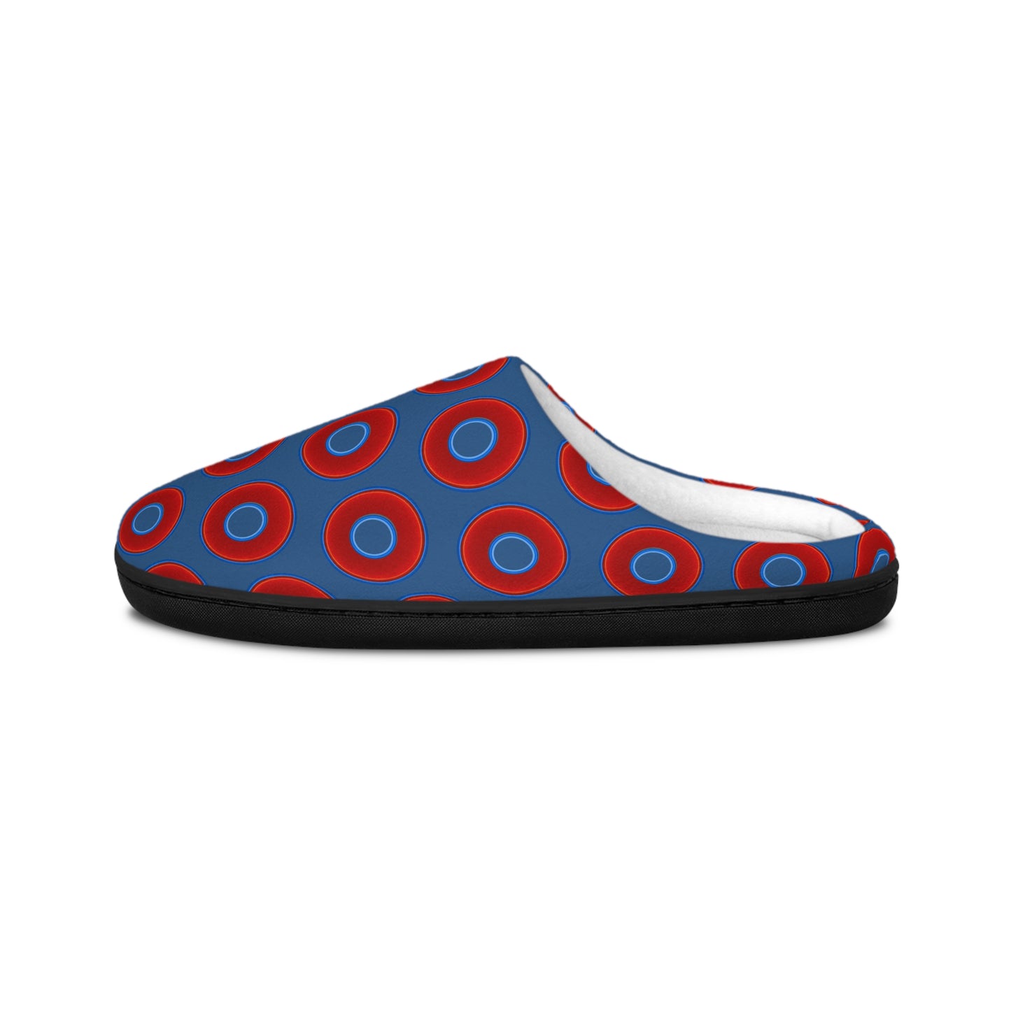 Men's Lumpy Slippers - red vivid donut print w/light navy blue background