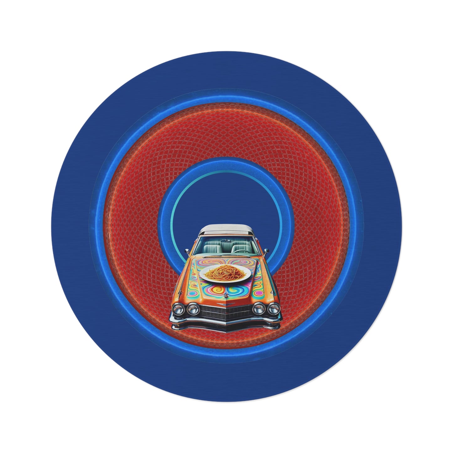 Round Room - 5 ft x 5 ft Lumpy Donut Rug - "Caddy Spaghetti Incident Donut Rug" - rustic light blue/orange donut w/dark blue background - variant 1