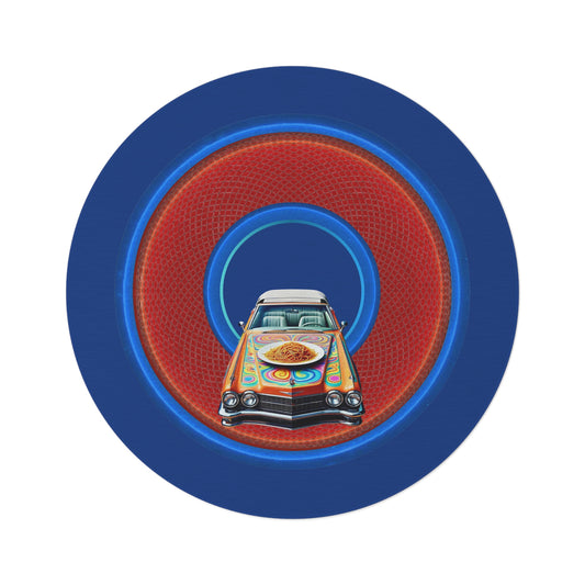 Round Room - 5 ft x 5 ft Lumpy Donut Rug - "Caddy Spaghetti Incident Donut Rug" - rustic light blue/orange donut w/dark blue background - variant 1