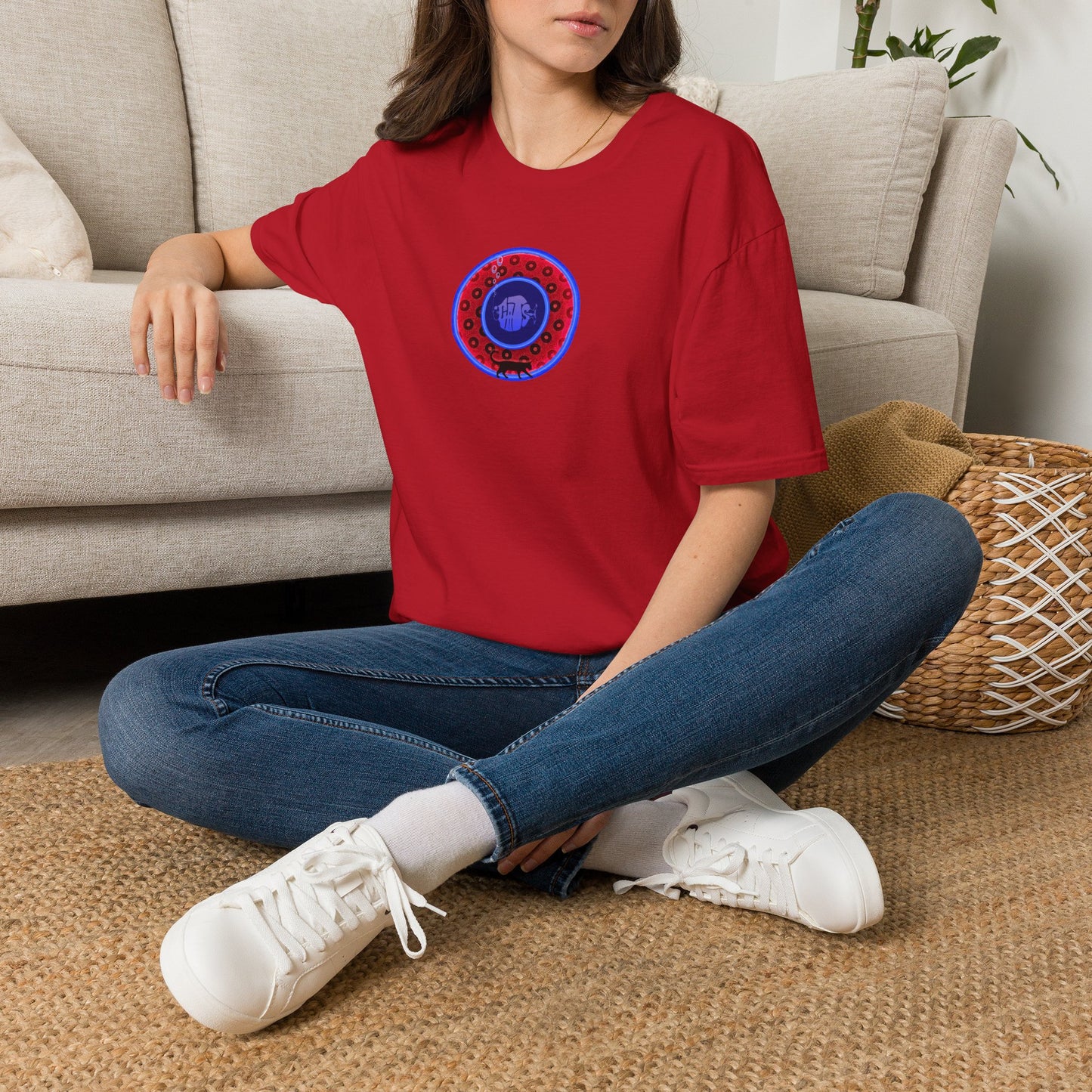 Classic Donut Tee - Unisex Soft-Style - "The Cat's Meow Donut' - red/blue paradox widemouthed donut