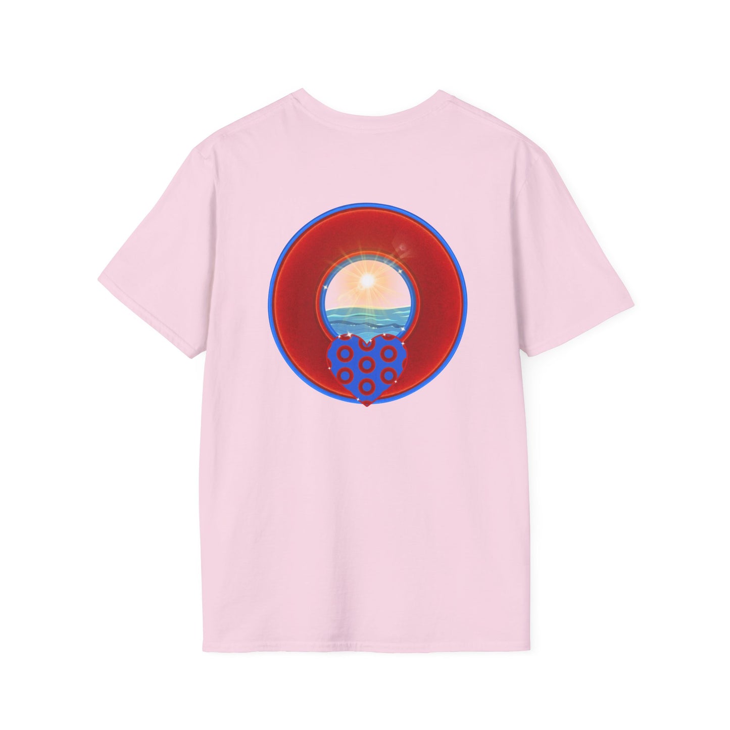 Classic Donut Tee - Unisex Soft-Style - "Ocean Donuts of Love" - vivid red donut - w/sun - variant 2
